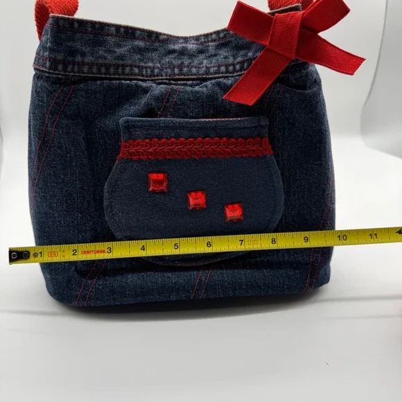 Handmade Denim‎ Jean Purse Red Trim Bow Accent Snap Closure - Picture 13 of 14